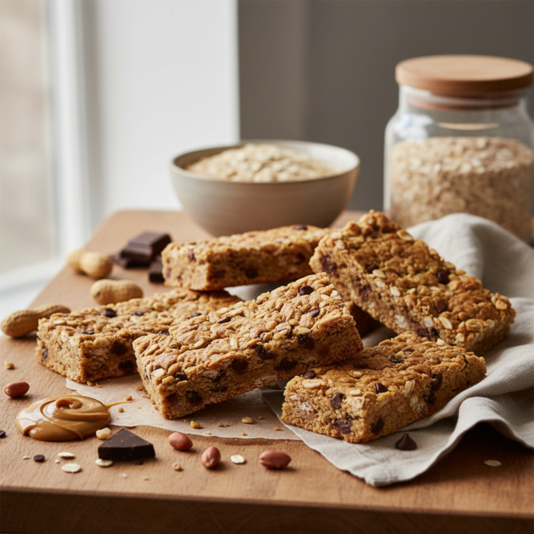 Ilustração editorial: 5-Ingredient Peanut Butter Protein Bars: Ready in 12 Minutes