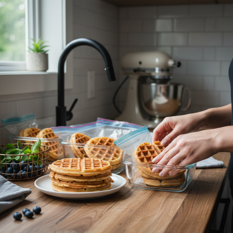 Ilustração editorial: 5-Minute Freezer Protein Waffles: The Low-Carb Batch Prep