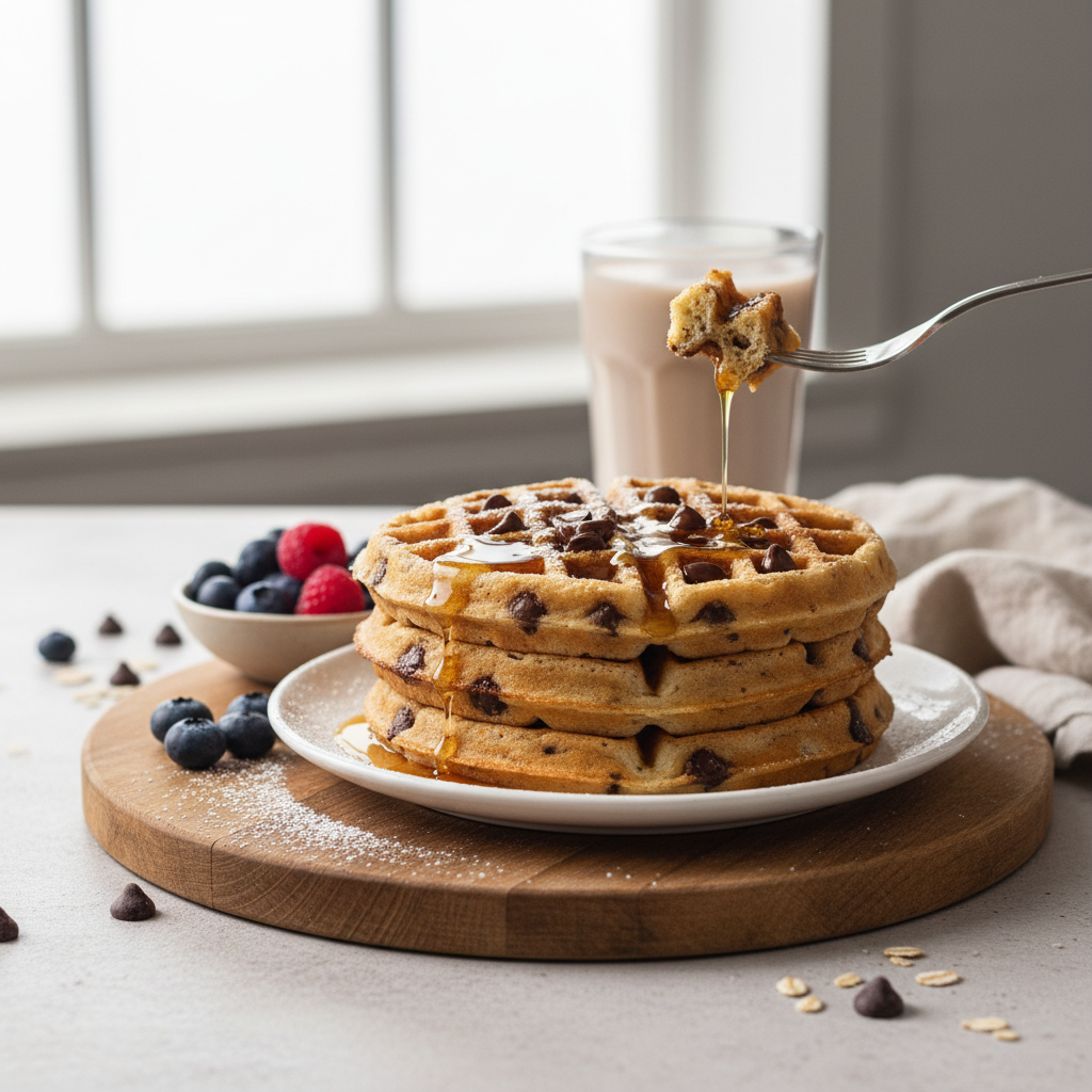 Ilustração editorial: 5-Step Chocolate Chip Protein Waffles: Low-Carb & Crispy