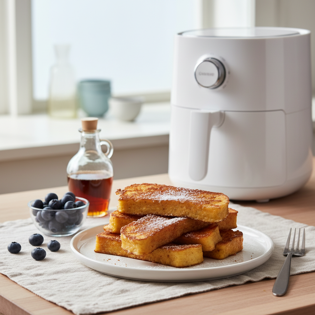 Ilustração editorial: Air Fryer French Toast Sticks: 12-Minute Protein Hack