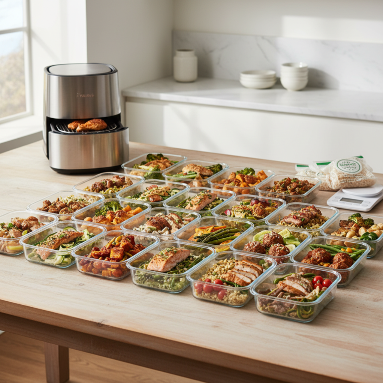 Ilustração editorial: Air Fryer Meal Prep Week: 21 Low-Carb Meals Under 400 Calories