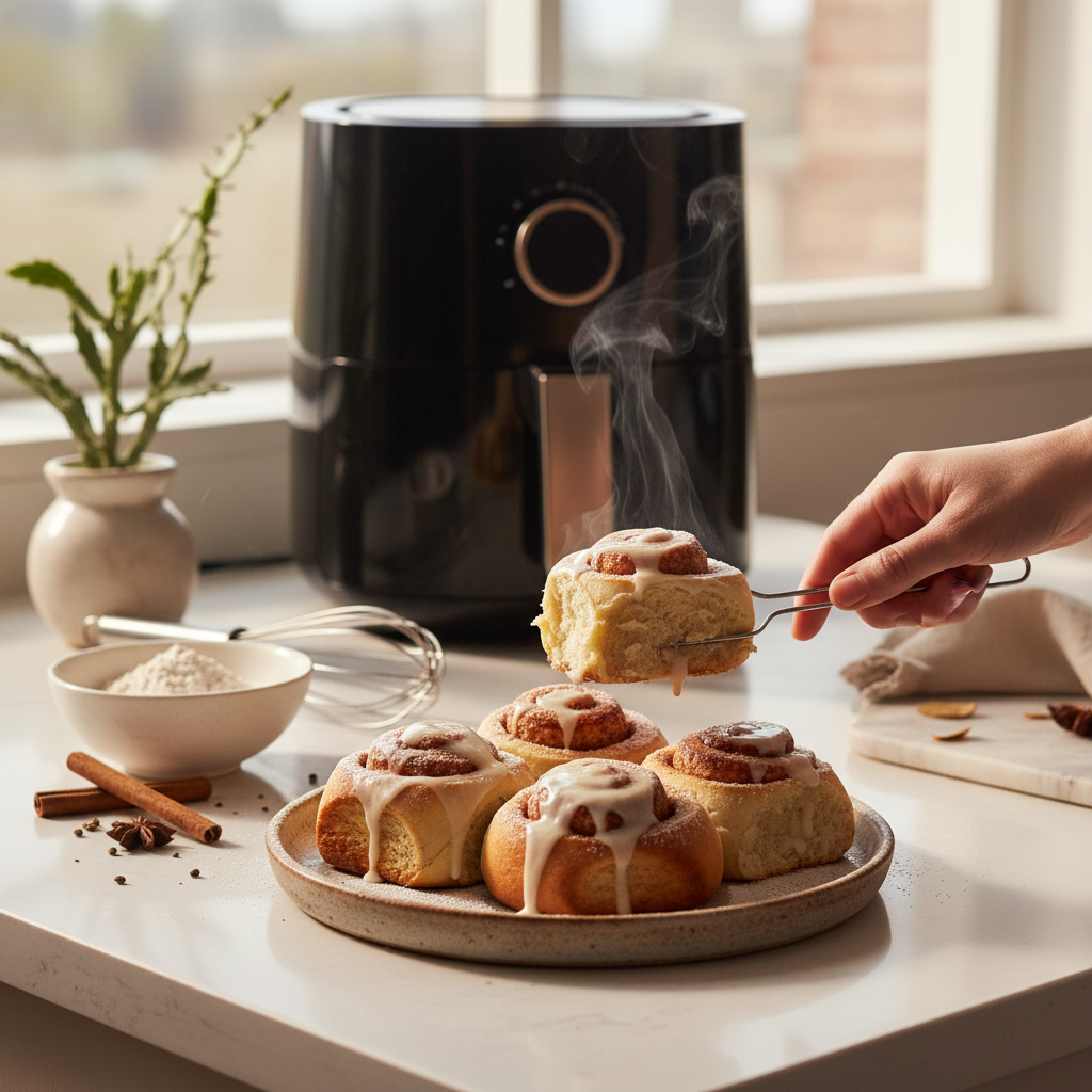 Ilustração editorial: Air Fryer Protein Cinnamon Rolls: Done in 15 Minutes