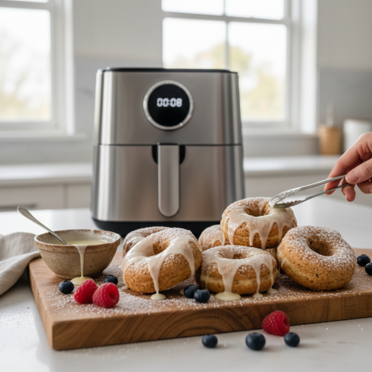 Ilustração editorial: Air Fryer Protein Donuts: 8 Minutes to High-Protein Bliss