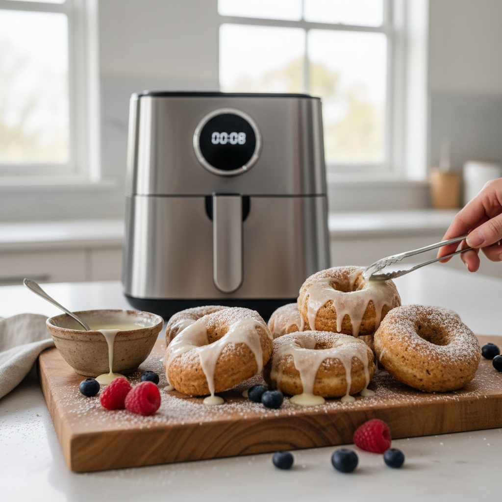 Ilustração editorial: Air Fryer Protein Donuts: 8 Minutes to High-Protein Bliss