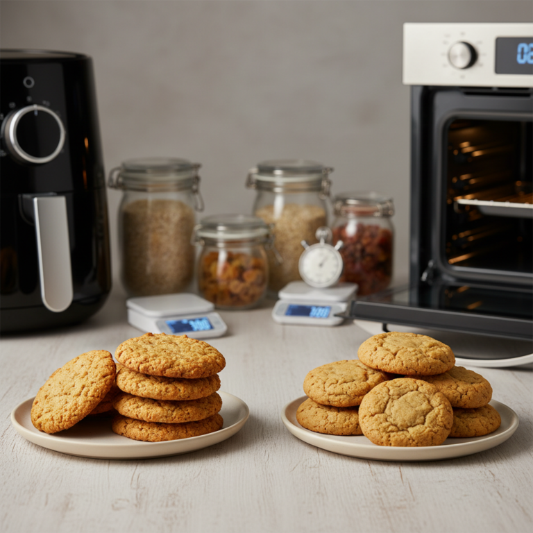 Ilustração editorial: Air Fryer vs Oven Protein Cookies: 3 Tips for Perfect Texture