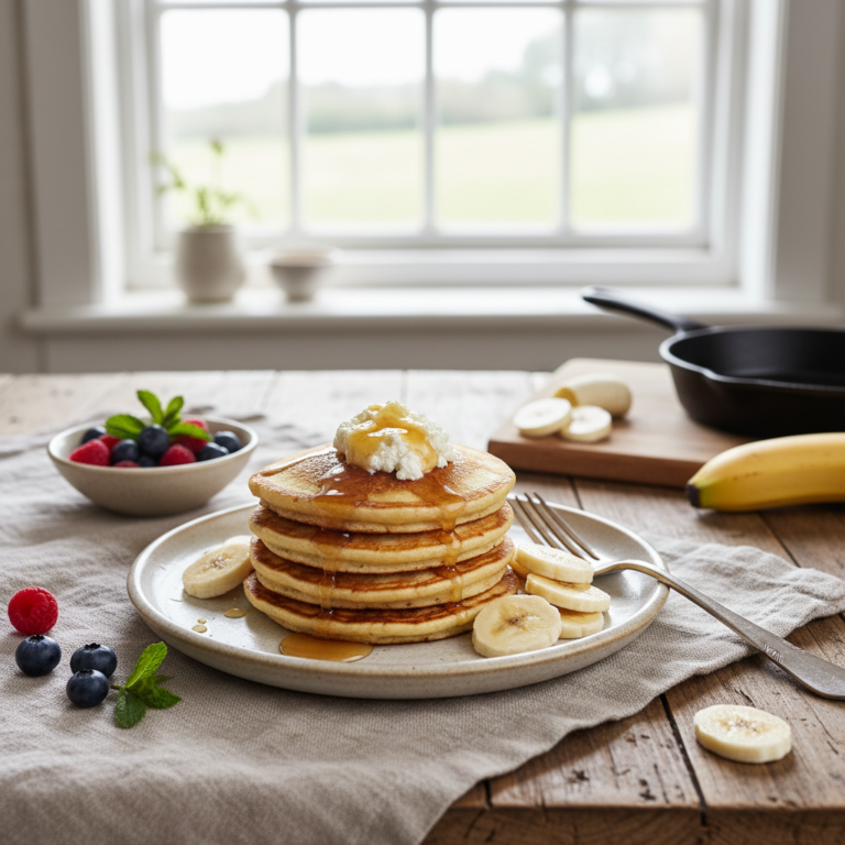 Ilustração editorial: Banana Cottage Cheese Pancakes: A High-Protein 12-Min Recipe