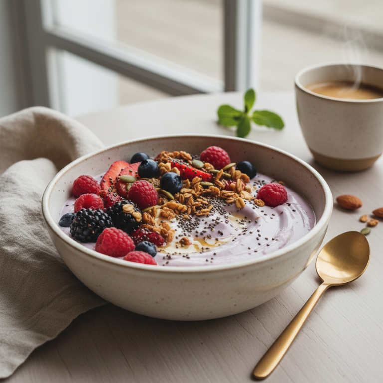 Ilustração editorial: Berry Yogurt Bowl: 3-Step Low-Carb Breakfast Under $3