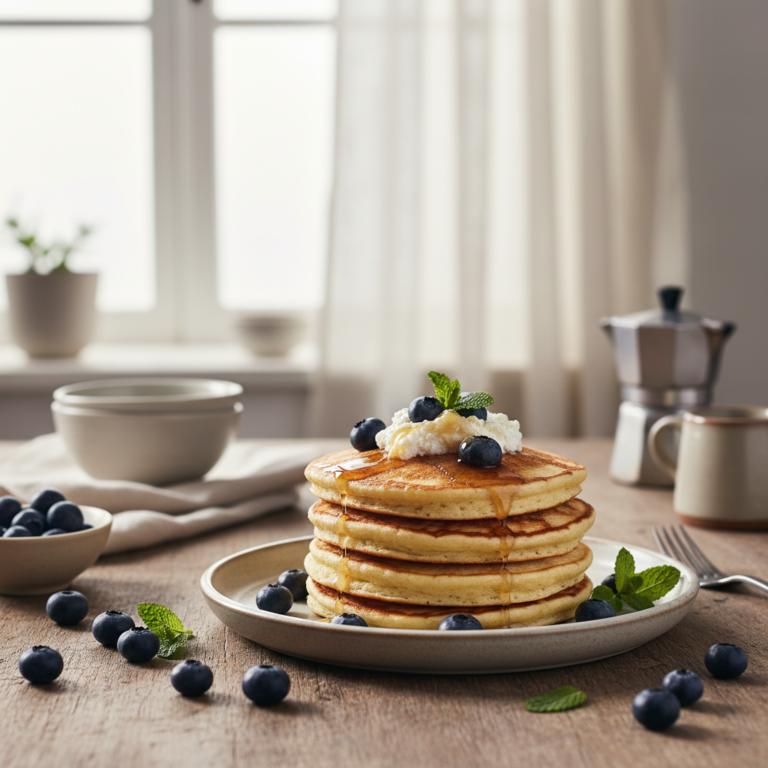 Ilustração editorial: Blueberry Cottage Cheese Pancakes: 3-Step Low-Carb Breakfast