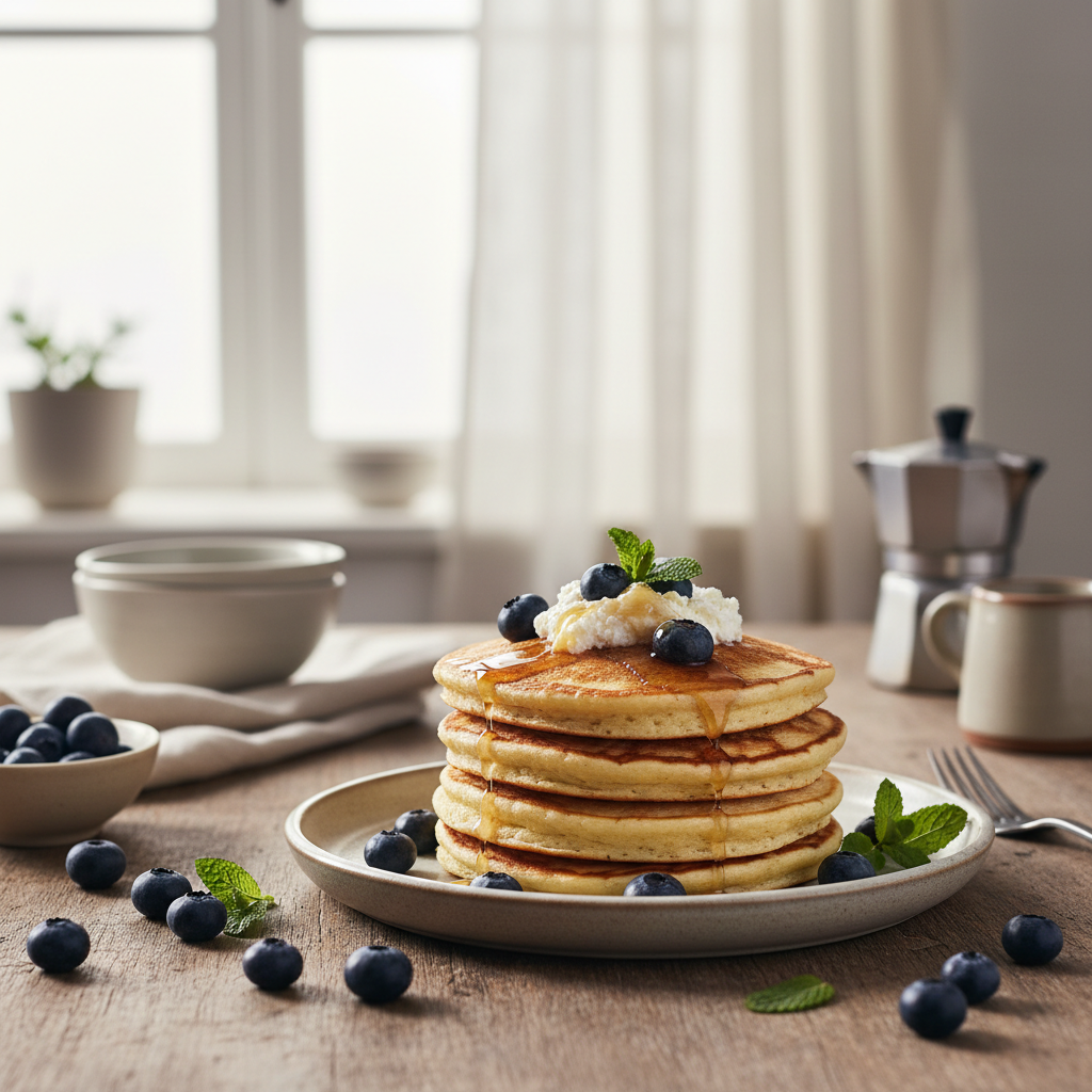 Ilustração editorial: Blueberry Cottage Cheese Pancakes: 3-Step Low-Carb Breakfast
