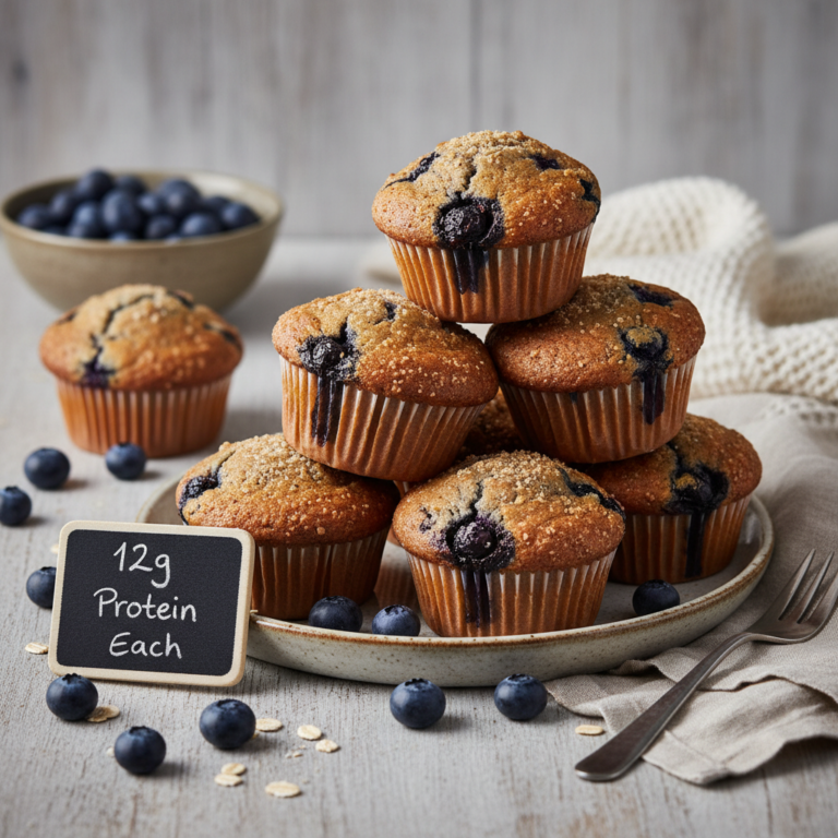 Ilustração editorial: Blueberry Protein Muffins: 12g Protein in 12 Minutes
