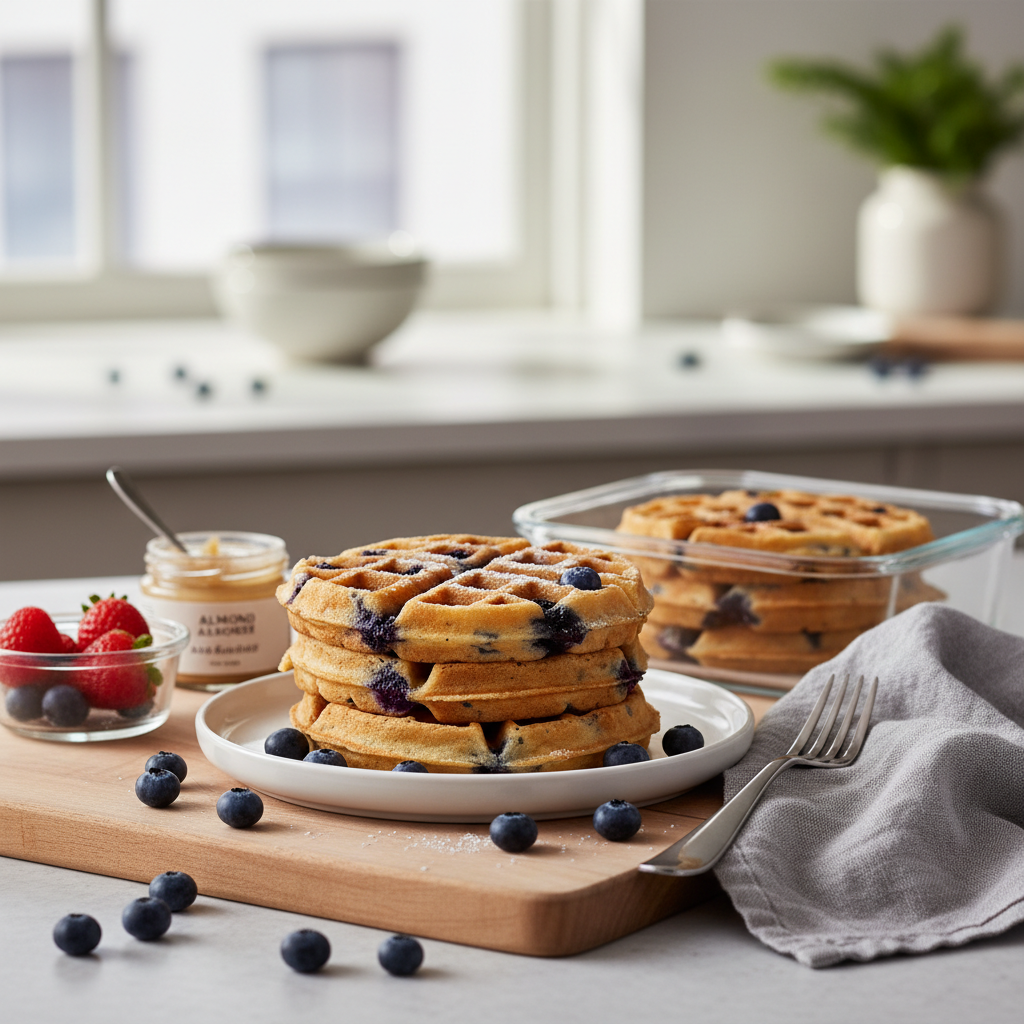 Ilustração editorial: Blueberry Protein Waffles: 5-Day Meal Prep Strategy