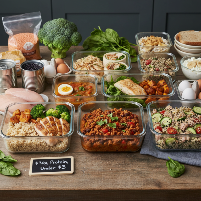 Ilustração editorial: Cheap High Protein Meal Prep: 30g Meals Under $3