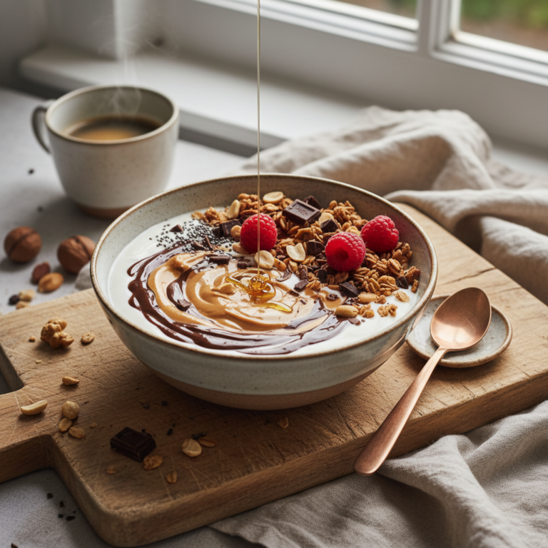 Ilustração editorial: Chocolate Peanut Butter Yogurt Bowl: 3-Step Low-Carb Fuel