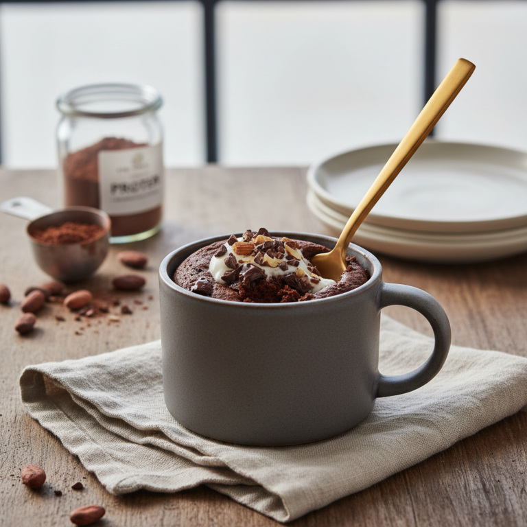Ilustração editorial: Chocolate Protein Mug Cake: Ready in 10 Minutes Flat