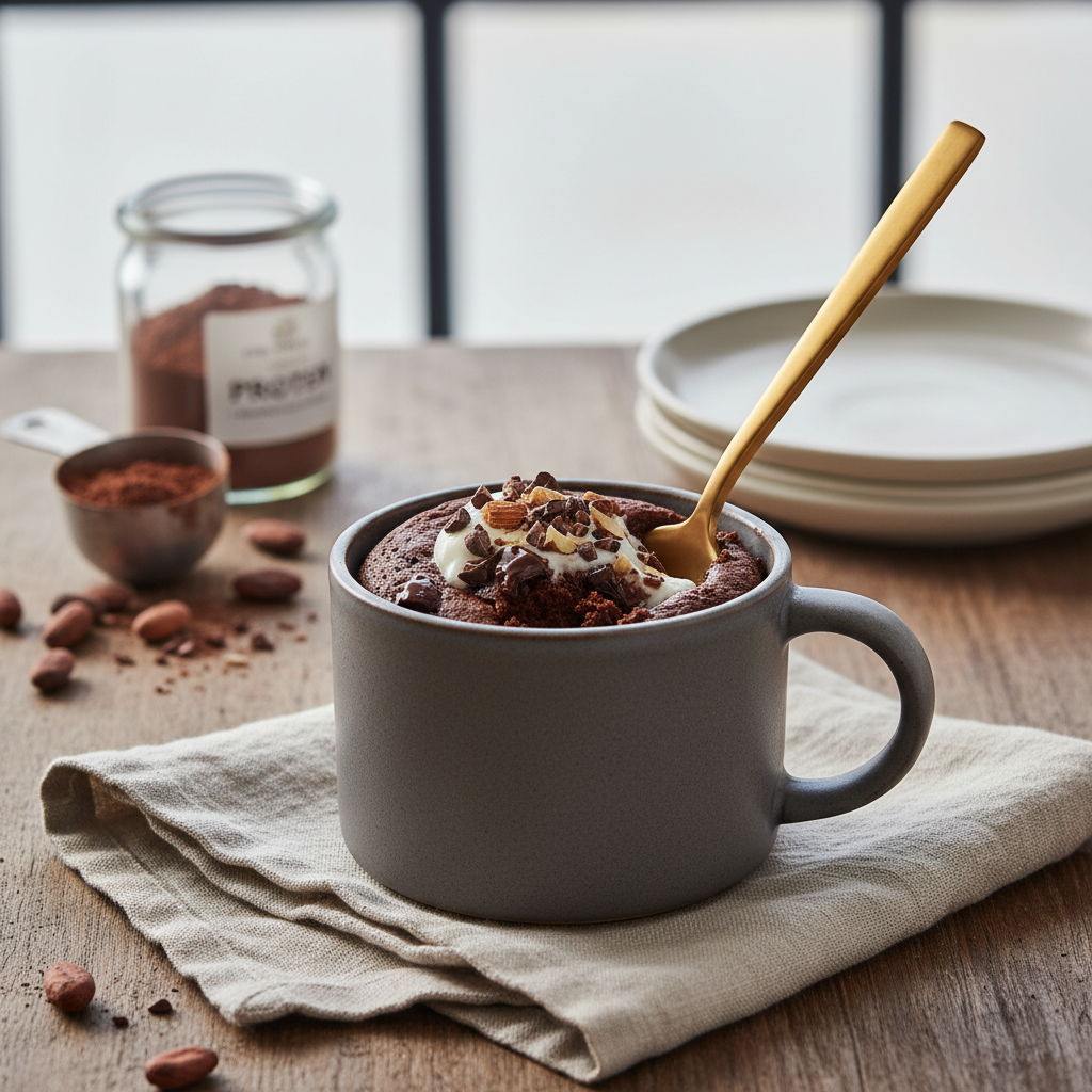 Ilustração editorial: Chocolate Protein Mug Cake: Ready in 10 Minutes Flat