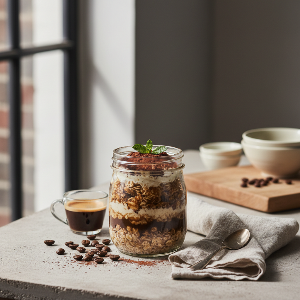 Ilustração editorial: Coffee Overnight Oats: 5-Minute Tiramisu Breakfast Hack