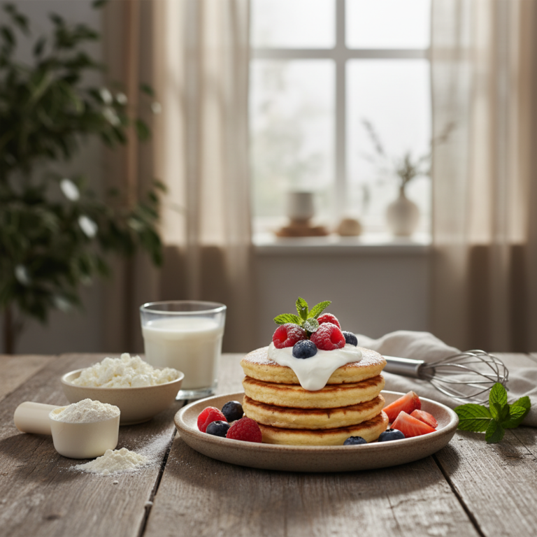 Ilustração editorial: Cottage Cheese Pancakes Protein: 30g Fuel in 12 Minutes