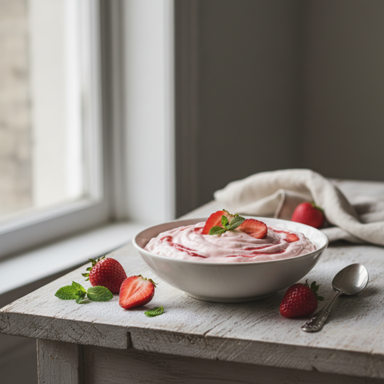 Ilustração editorial: Cottage Cheese Strawberry Mousse: A 5-Minute Low-Carb Treat