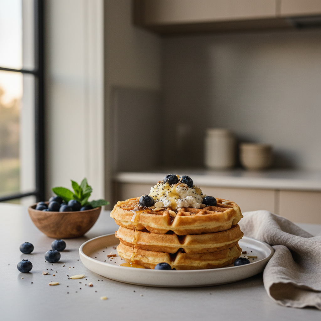 Ilustração editorial: Cottage Cheese Waffles: 30g Protein in 12 Minutes
