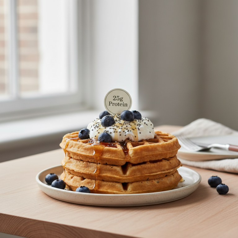 Ilustração editorial: Fluffy Protein Waffles: 25g Protein in 12 Minutes