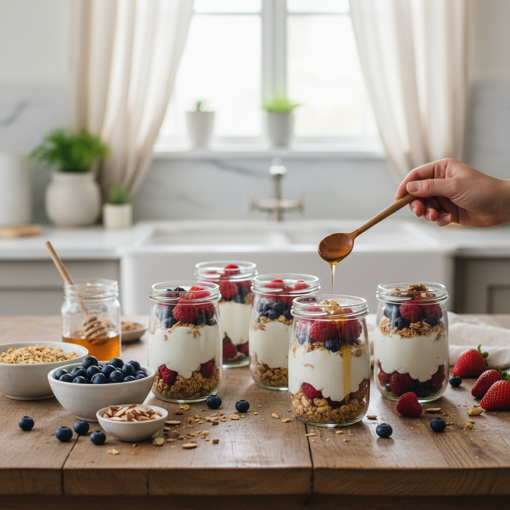 Ilustração editorial: Greek Yogurt Meal Prep: 5-Day Low-Carb Breakfast Guide