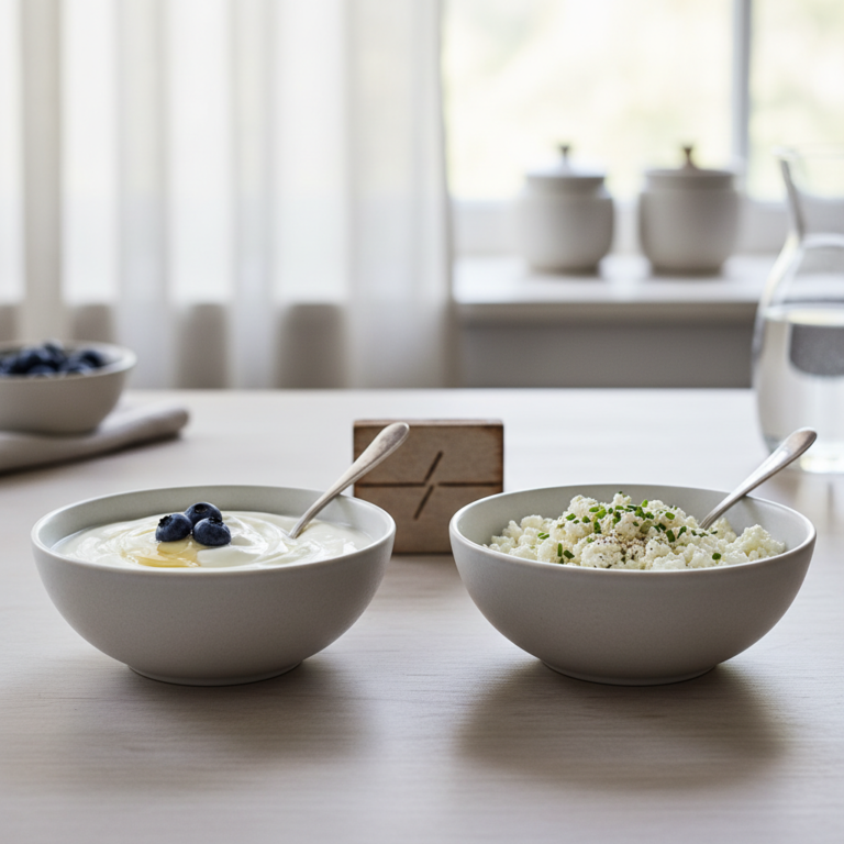 Ilustração editorial: Greek Yogurt vs Cottage Cheese: 2 High-Protein Low-Carb Picks