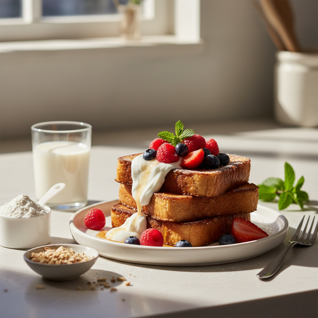 Ilustração editorial: High Protein French Toast: Get 30g Protein in 12 Minutes
