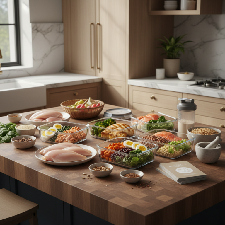 Ilustração editorial: High Protein Meal Prep Guide: 3 Steps to Low-Carb Success