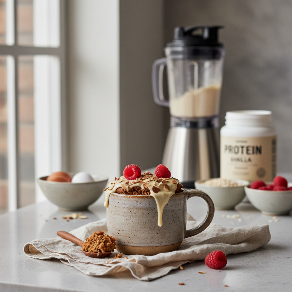 Ilustração editorial: High Protein Mug Cake: Ready in 8 Minutes or Less