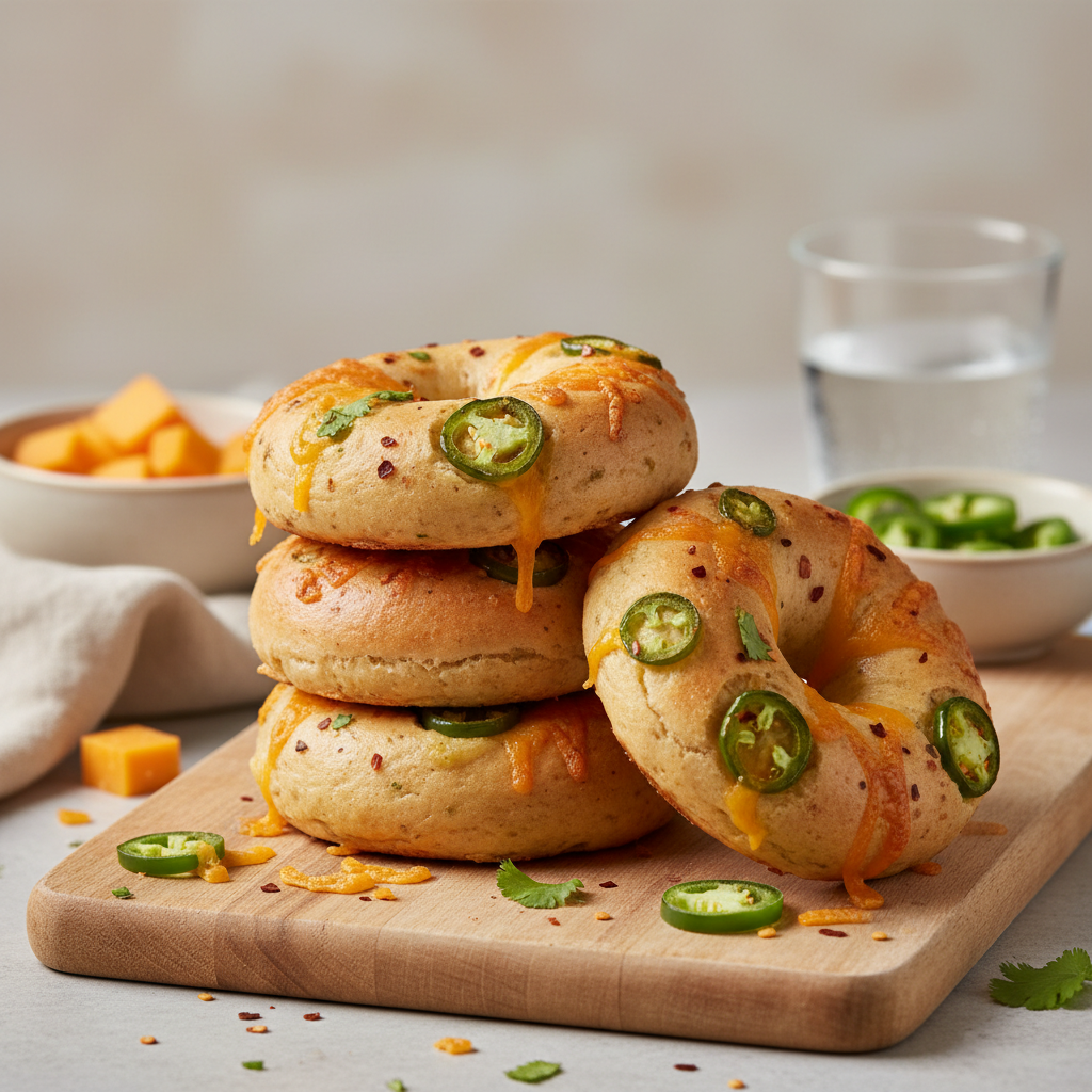 Ilustração editorial: Jalapeno Cheddar Protein Bagels: 28g Protein in 22 Minutes