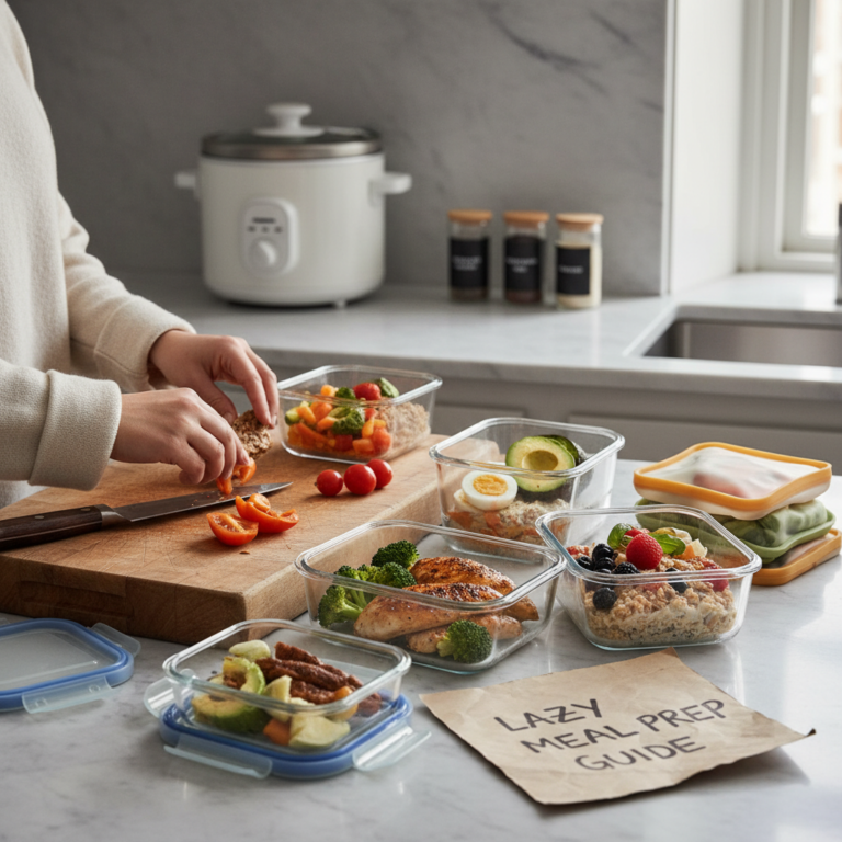 Ilustração editorial: Lazy Meal Prep Guide: 3 Steps to Low-Carb Success in 15 Minutes