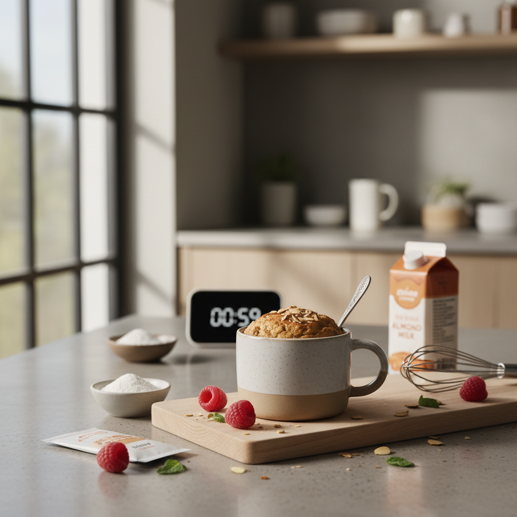 Ilustração editorial: Low Sugar Protein Mug Cake: Ready in 90 Seconds