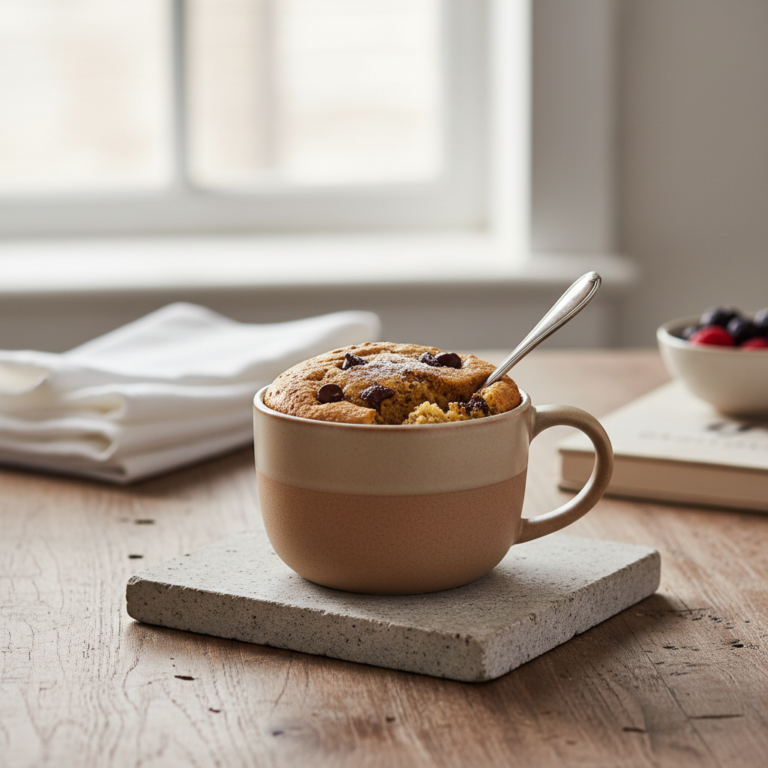 Ilustração editorial: Microwave Protein Mug Cake: 3-Minute Low-Carb Recipe