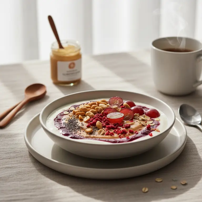 Ilustração editorial: PBJ Yogurt Bowl: A High-Protein 5-Minute Breakfast hack