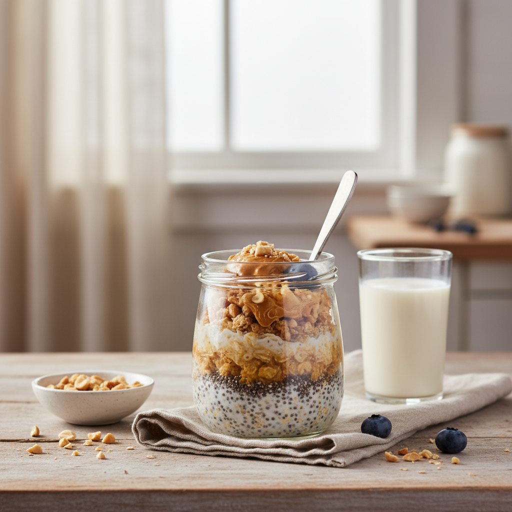 Ilustração editorial: Peanut Butter Overnight Oats: Get 30g Protein in 5 Minutes