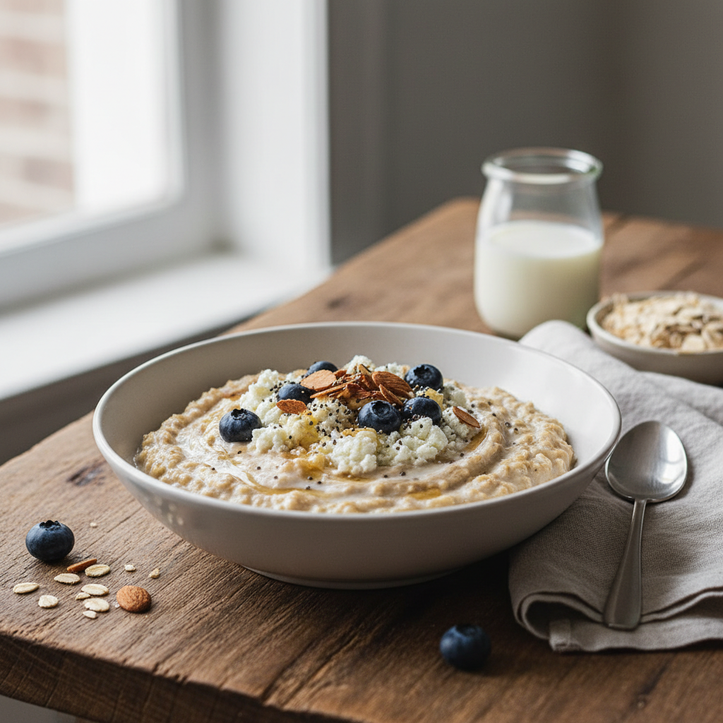 Ilustração editorial: Protein Overnight Oats Cottage Cheese: 30g Protein Method
