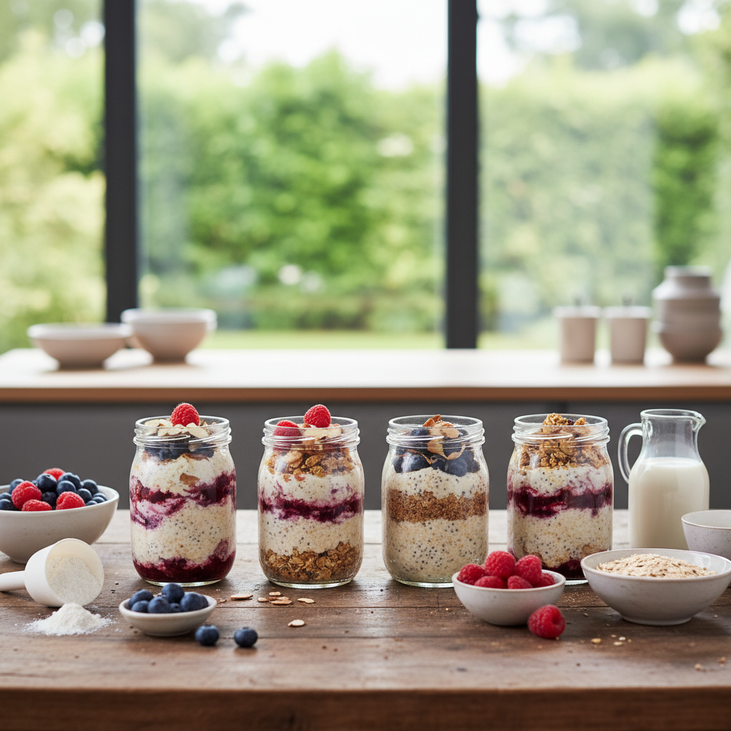 Ilustração editorial: Protein Overnight Oats Meal Prep: 5 Jars in 10 Minutes