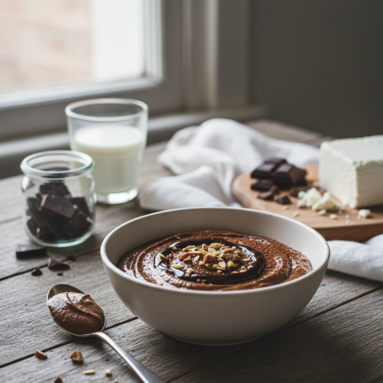 Ilustração editorial: Protein Pudding Cottage Cheese Chocolate: 3-Step Low-Carb Treat
