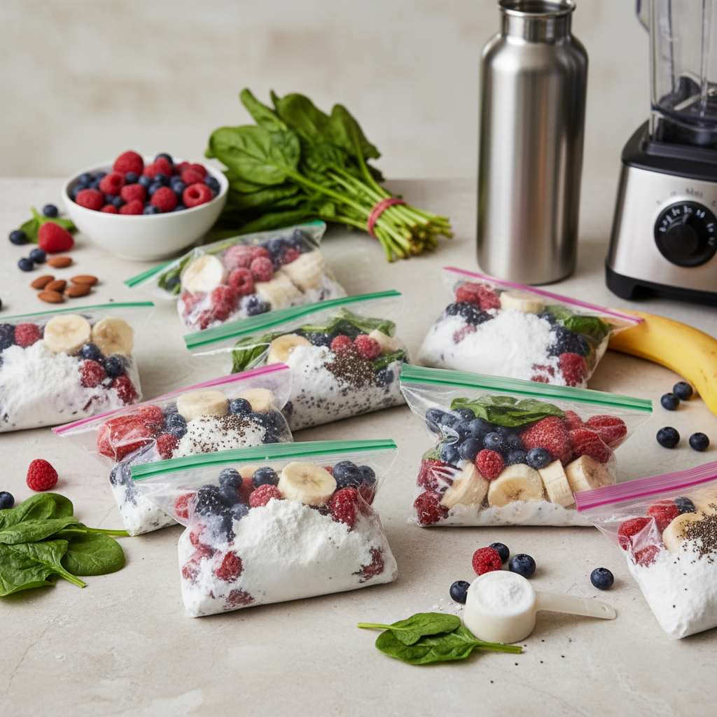 Ilustração editorial: Protein Smoothie Meal Prep: 5-Minute Freezer Pack Method