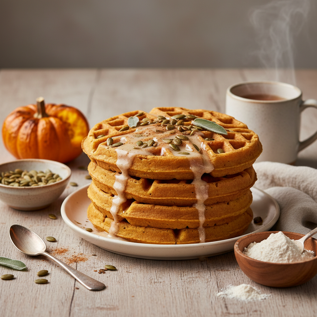 Ilustração editorial: Pumpkin Protein Waffles: 12-Minute Low-Carb Fall Breakfast