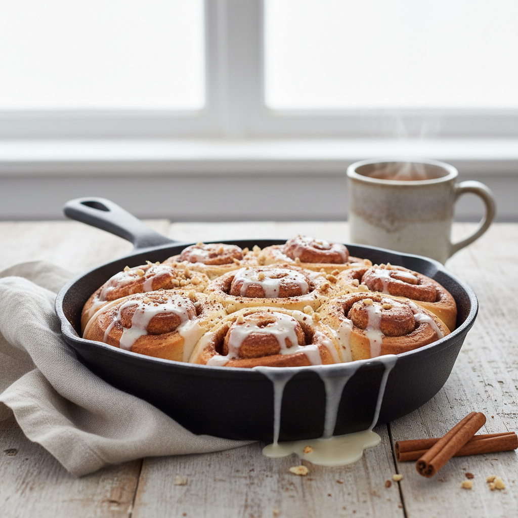 Ilustração editorial: Skillet Protein Cinnamon Rolls: 20-Minute Low-Carb Breakfast