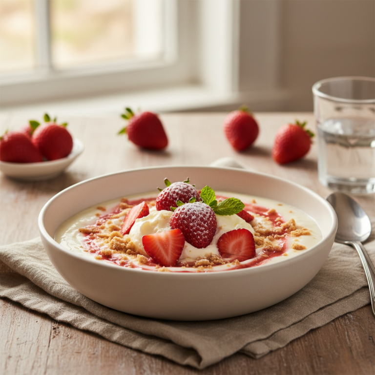Ilustração editorial: Strawberry Cheesecake Yogurt Bowl: 3-Step Low-Carb Breakfast
