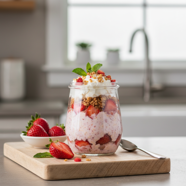 Ilustração editorial: Strawberry Overnight Oats: 3-Step Low-Carb Cheesecake Bliss