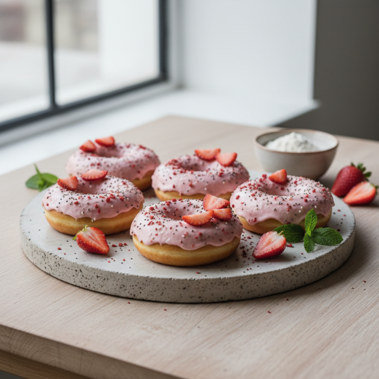 Ilustração editorial: Strawberry Protein Donuts: 12-Minute Low-Carb Air Fryer Treat