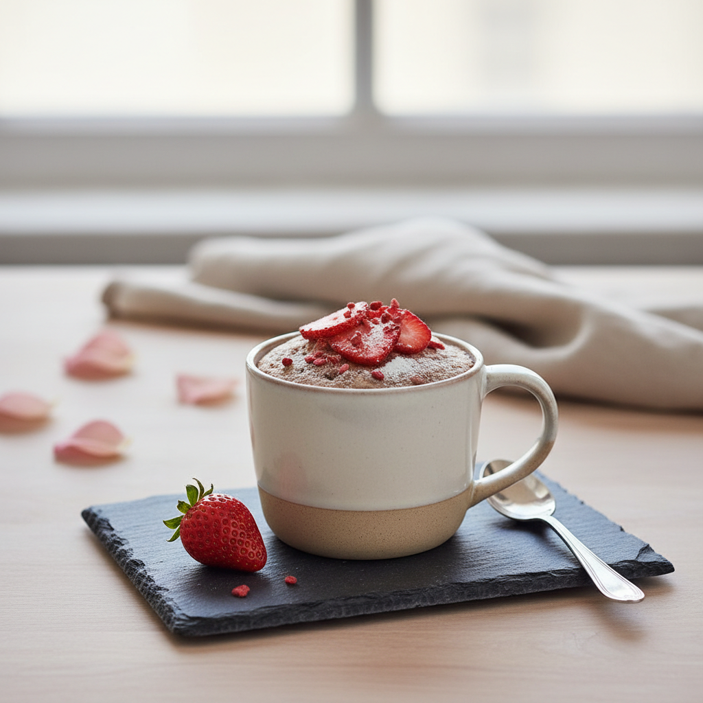 Ilustração editorial: Strawberry Protein Mug Cake: The 12-Minute Low-Carb Treat