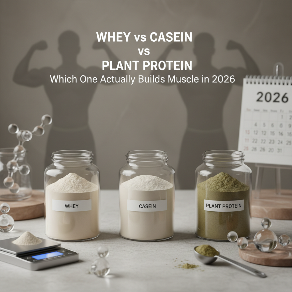 Ilustração editorial: Whey vs Casein vs Plant Protein: 3 Ways to Build Muscle Fast
